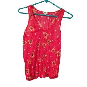 Lily Star Size Juniors Large REd Stretchy Sheer Floral Tank Top Polka Dot Summer